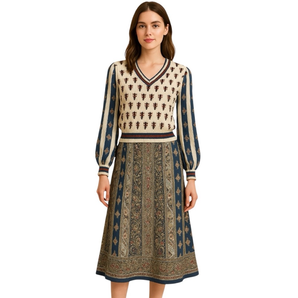 Vintage Boho Knit & Silk-Feel V-Neck Two Piece Set Top & Midi Skirt Small 4-6